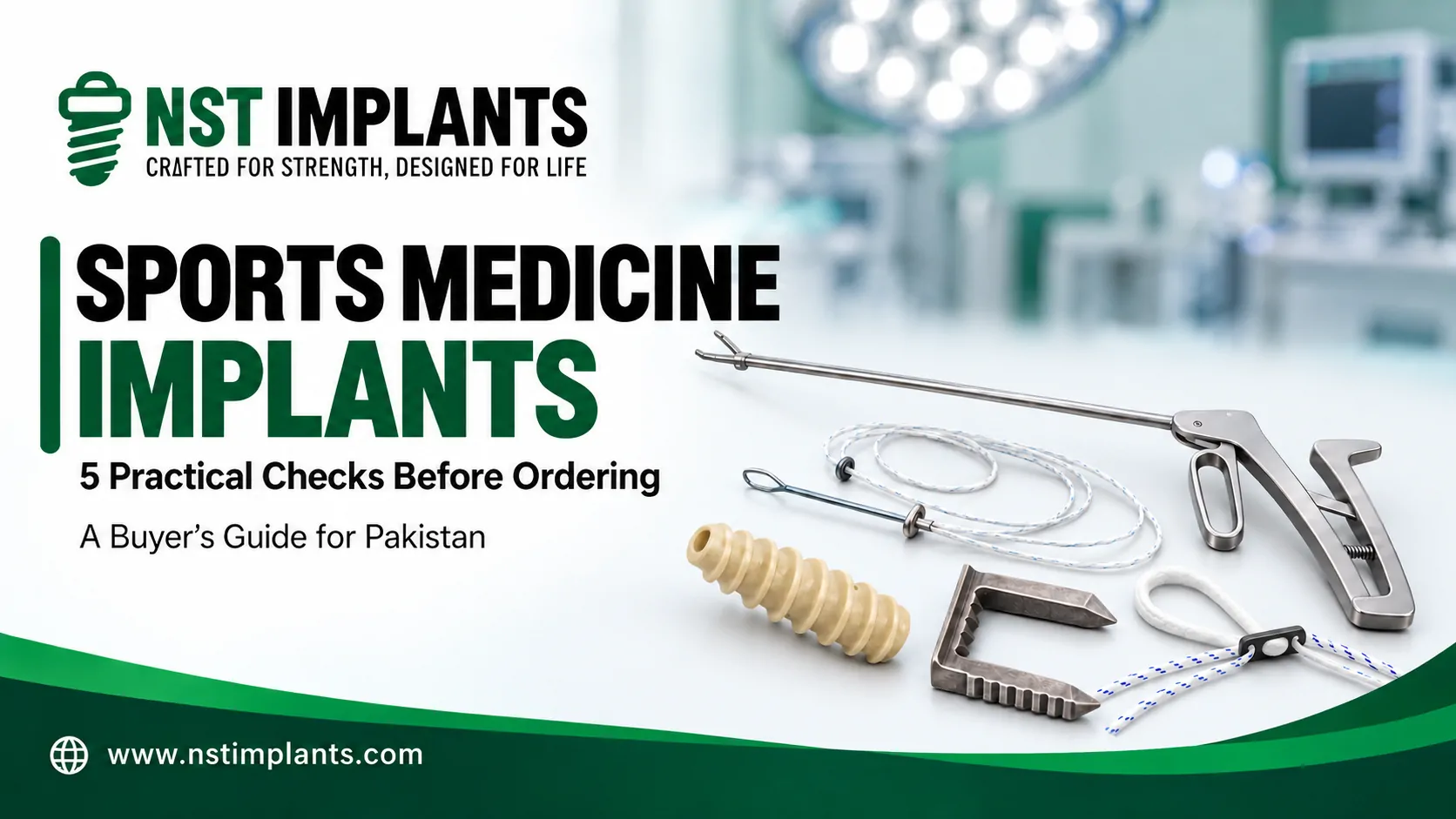 Sports medicine implants illustration showing a suture anchor, interference screw, cortical button and all-suture anchor