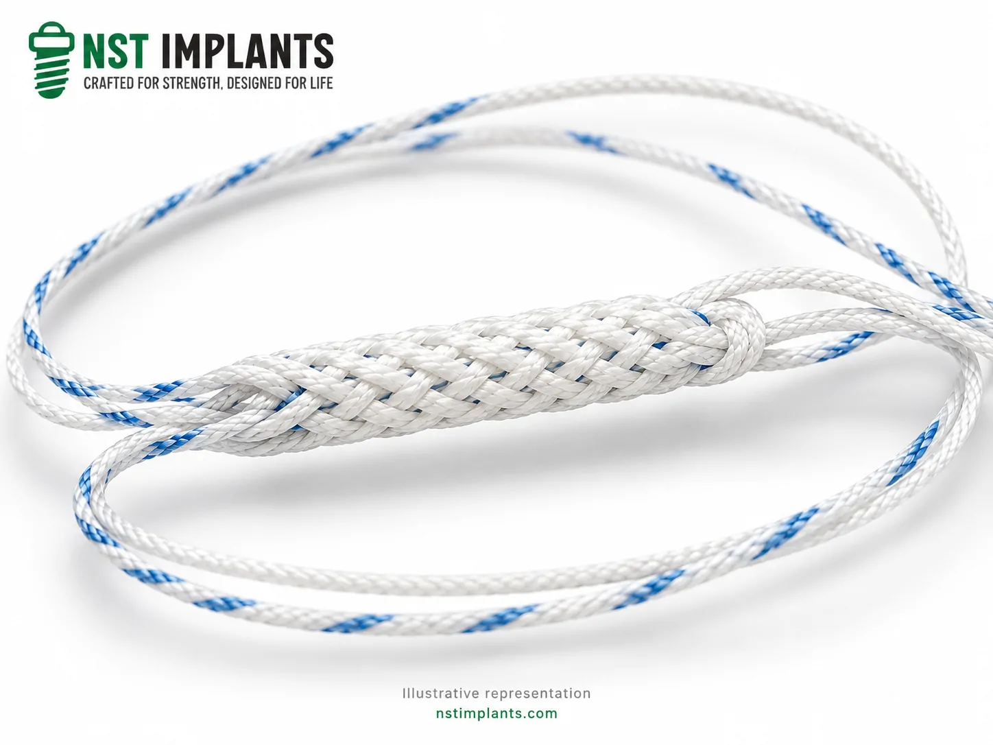 All-Suture Anchors: 5 Essential Questions Before Ordering 1 Illustrative all-suture anchor with white braided textile and blue-tracer suture strands
